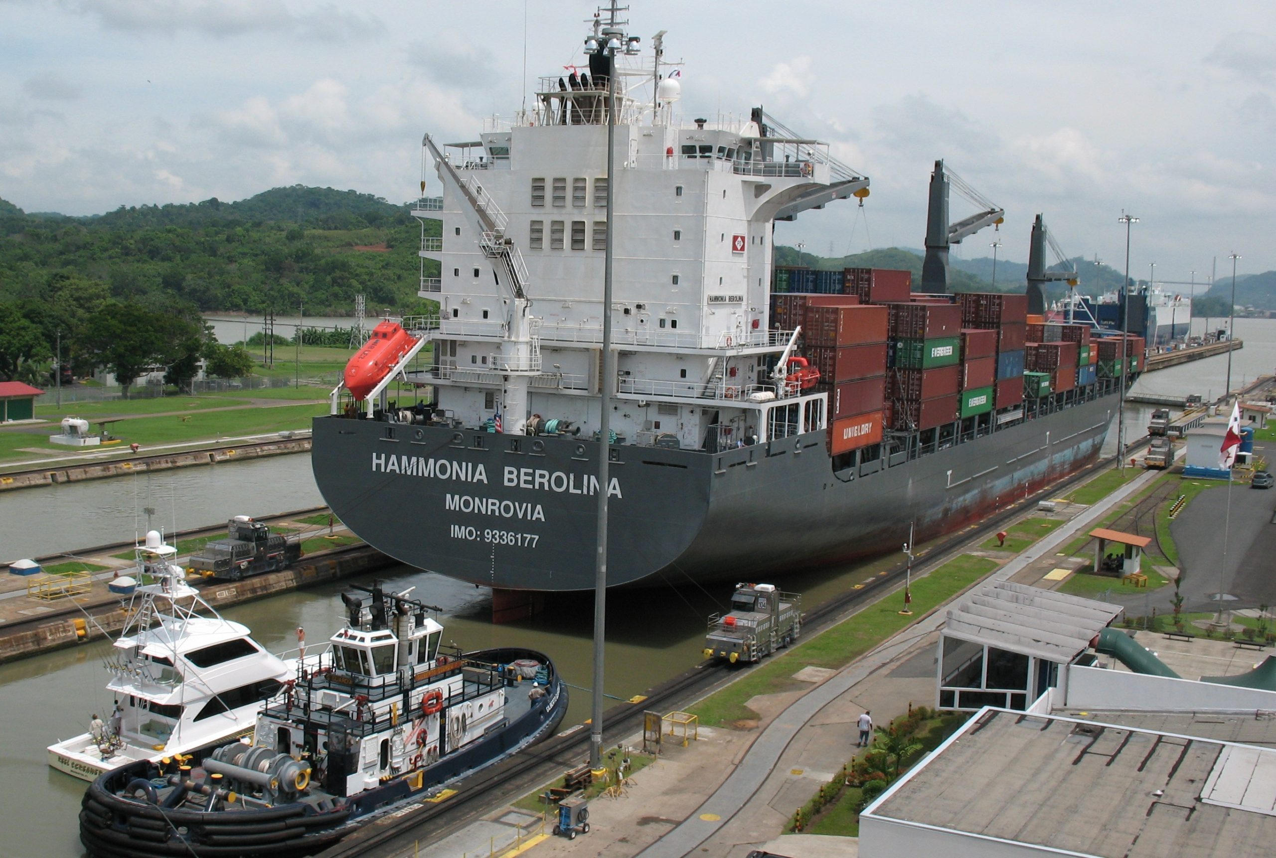 Panama Canal transit with a container ship entering the Miraflores Locks