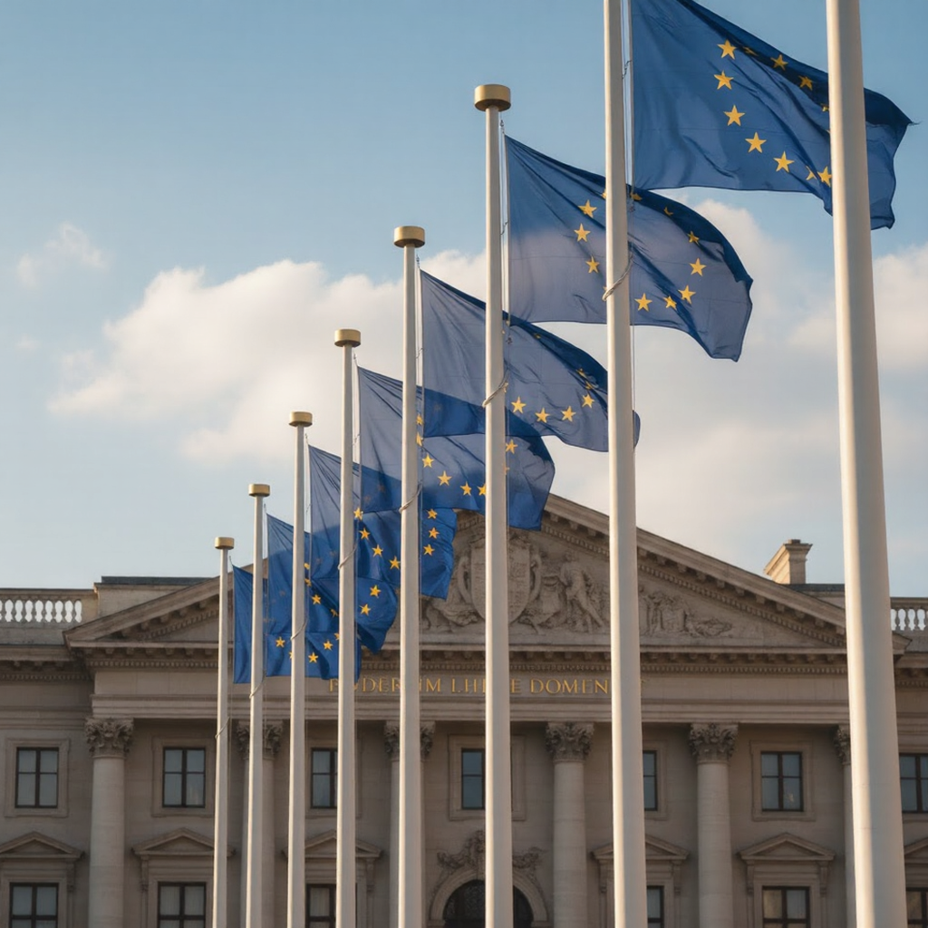 European Union flags flying, representing EU leaders’ decision on Ukraine aid and frozen assets