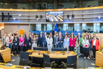 European Commission headquarters in Brussels during discussions on global tariff policy