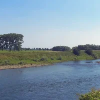 2 cranes dredge the Maas in Dilsen-Stokkem for ferry safety