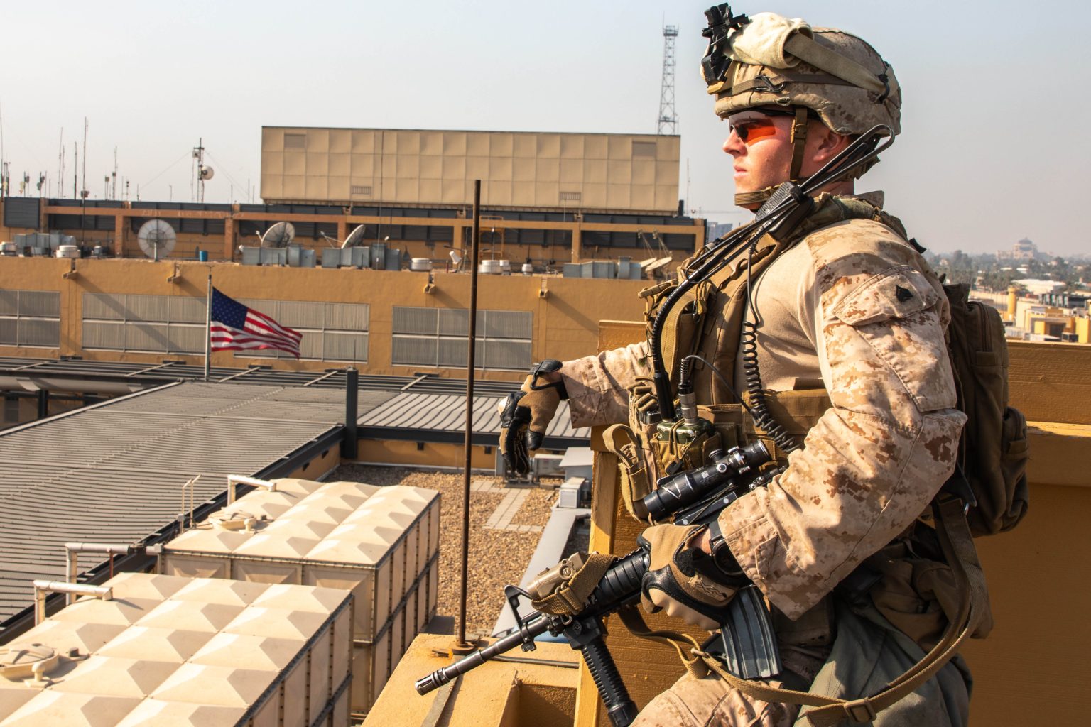 Middle East diplomatic security forces guarding foreign embassy compound