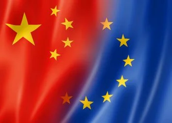 Mixed China and Europe flag, three dimensional render, illustration