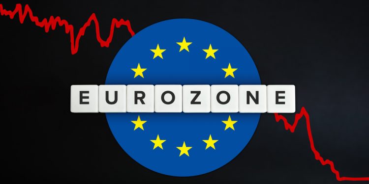 Eurozone or the euro area facing economic recession and decline of economy due to coronavirus or covid-19 crisis. European union (EU) flag, red stock chart and block letters on black background.