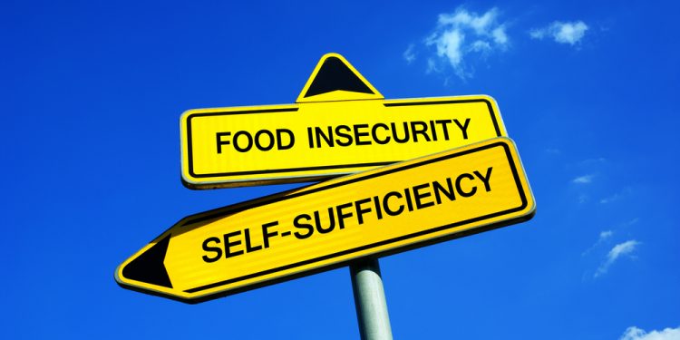 Food Insecurity or Self-Sufficiency - Traffic sign with two options - appeal to have self sufficient agriculture and cultivation of land. Prevention against starvation and famine during crop failure