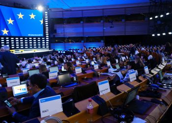 Brussels, Belgium. 26th May 2019. Interior view of i the European Parliament during the night of EU elections.