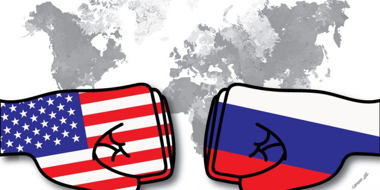 Fist with USA and Russia flag colors background illustration.