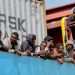 North African migrants refugees on a ship in the port of Taranto, Puglia, Italy - August 2015