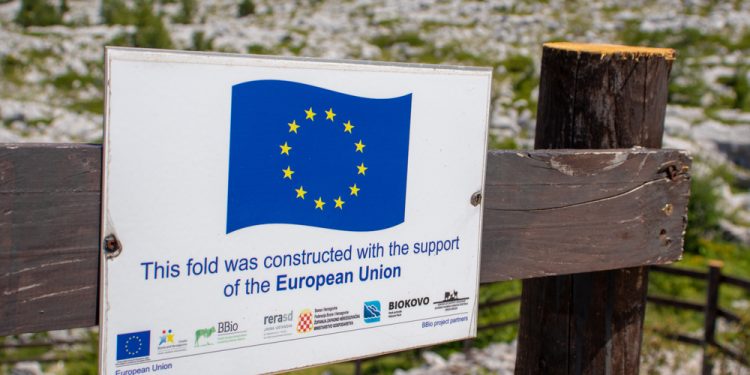 Biokovo,Croatia July 2020 Sign indicating that the area was constructed using the funds provided by European Union