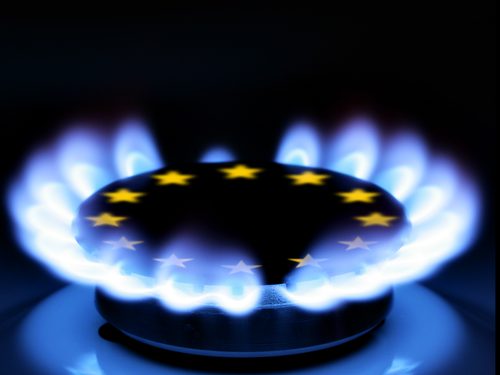 Gas,Flame,And,European,Union,Sign,On,The,Hob