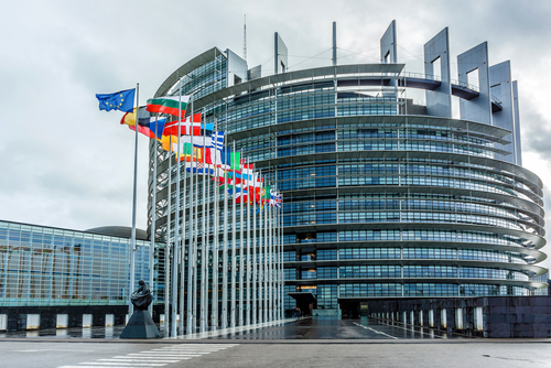 STRASBOURG, FRANCE - DECEMBER 21, 2014: Exterior of European Parliament (Louise Weiss building, 1999) in Wacken district of Strasbourg. It is one of biggest and most visible buildings of Strasbourg.