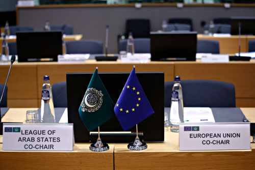 Brussels, Belgium. 4th Feb. 2019. Flags of EU and League of Arab States during the 5th EU-League of Arab States (LAS) Ministerial Meeting.
