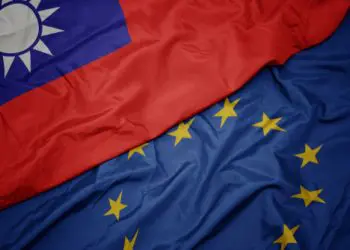 Waving colorful flag of European union and flag of Taiwan