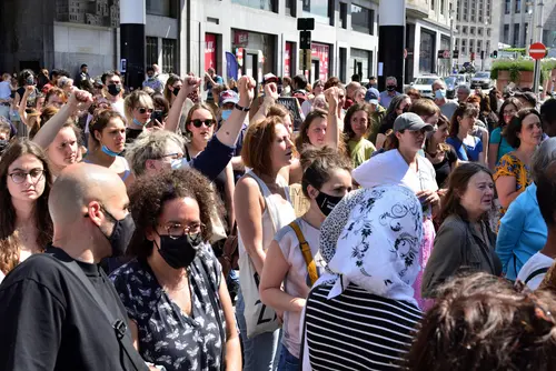 Brussels,,Belgium,-,July,17,,2021:,Protesters,Huddle,Together,On