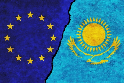 Eu,And,Kazakhstan,Painted,Flags,On,A,Wall,With,A