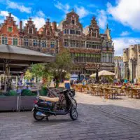 Old,Square,With,Tables,Of,Cafe,In,Ghent,(gent),,Belgium.