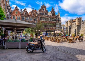 Old,Square,With,Tables,Of,Cafe,In,Ghent,(gent),,Belgium.