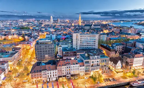Antwerp,,Belgium.,Aerial,City,View,At,Night.