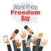 World press freedom day design with hands holding news microphones.