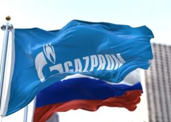 Moscow,,Rus,,February,2022:,Flag,With,The,Gazprom,Logo,Waving