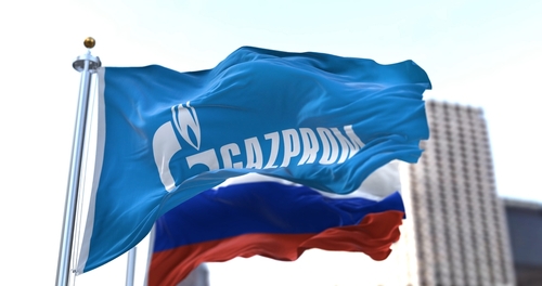 Moscow,,Rus,,February,2022:,Flag,With,The,Gazprom,Logo,Waving