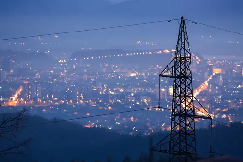 High,Power,Electricity,Poles,In,Urban,Area.,Energy,Supply,,Distribution
