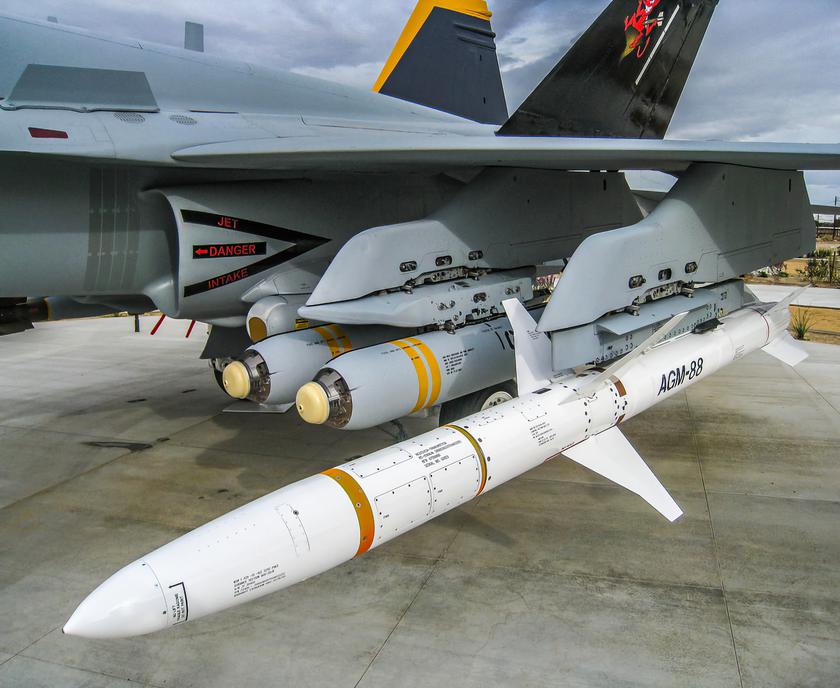AGM-88 HARM missile loaded in fighter jet