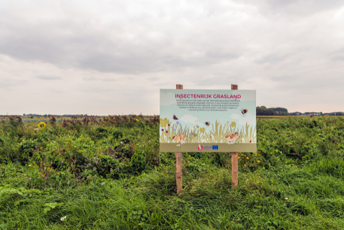 SLEEUWIJK, NETHERLANDS - AUGUST 28, 2018: Information board regarding insect-rich grassland sown with subsidy from the European Union EU for the conservation of partridges and other birds.