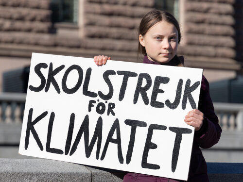 STOCKHOLM, SWEDEN - MARCH 22, 2019: 16-year-old Swedish climate activist Greta Thunberg demonstrating in Stockholm on Fridays. Holding a sign that says "School strike for Climate".