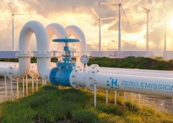 A hydrogen pipeline with wind turbines and solar panel power plants in the background. transformation of the energy sector towards to ecology zero emission concept image