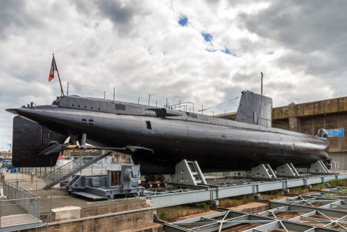 The Daphné class French submarine Flore at the Keroman Submarine Base, a WWII German U-boat facility, in Lorient, France