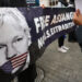 London/UK - October 26 2019: Supporters of Julian Assange have gathered outside the BBC studios in protest at his imprisonment in HMP Belmarsh. Assange is accused of espionage by USA.