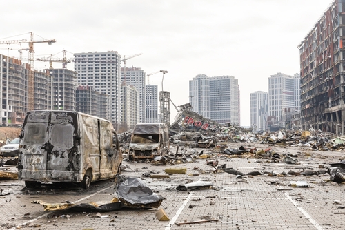 KYIV, UKRAINE - Mar. 29, 2022: War in Ukraine. Shopping center that was damaged by shelling on 21 March by a Russian attack in Kyiv, where according to emergency service, at least six people died