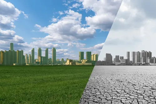 Collage,Of,City,With,Green,Field,And,Blue,Sky,And