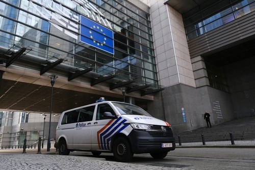A,Police,Van,Outside,Of,The,European,Parliament,In,Brussels,