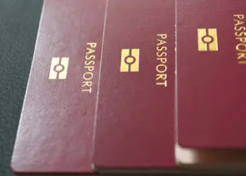 International passport. Customs control. Red Passport for travel in different countries. Passport control . Documents for traveling.