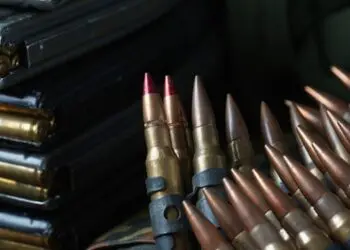 Photo of 5.56mm ammunition, machine gun bullets belt, rifle ammunition