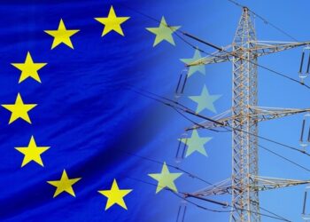 Eu,Flag,On,Electric,Pole,Background.,Power,Shortage,And,Increased