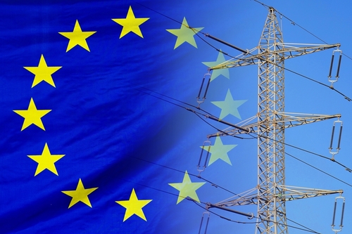 Eu,Flag,On,Electric,Pole,Background.,Power,Shortage,And,Increased