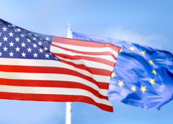 Flag USA and Europe isolated on sky background