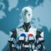 Android AI robot speaking at the international press conference: artificial intelligence, robotics and politics concept