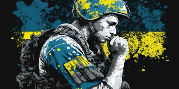 The soldier is praying to survive during hard situation. Poster illustration.