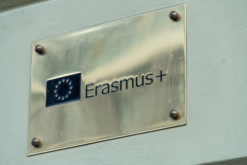 Prague, Czech Republic - July 22, 2020: Plate of Erasmus+, or Erasmus Plus, a European Union student exchange programme