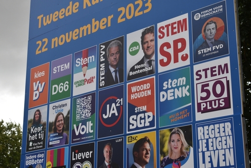 Hilversum, the Netherlands - October 16, 2023:close up shot of billboard advertising the campaigning political parties for the upcoming Dutch elections in November, 2023