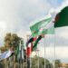 Flags of Algeria, the Arab League and Arab countries flag waving in the wind outside Algiers city with flagposts under a blue cloudy sky and trees in a sunny day.
