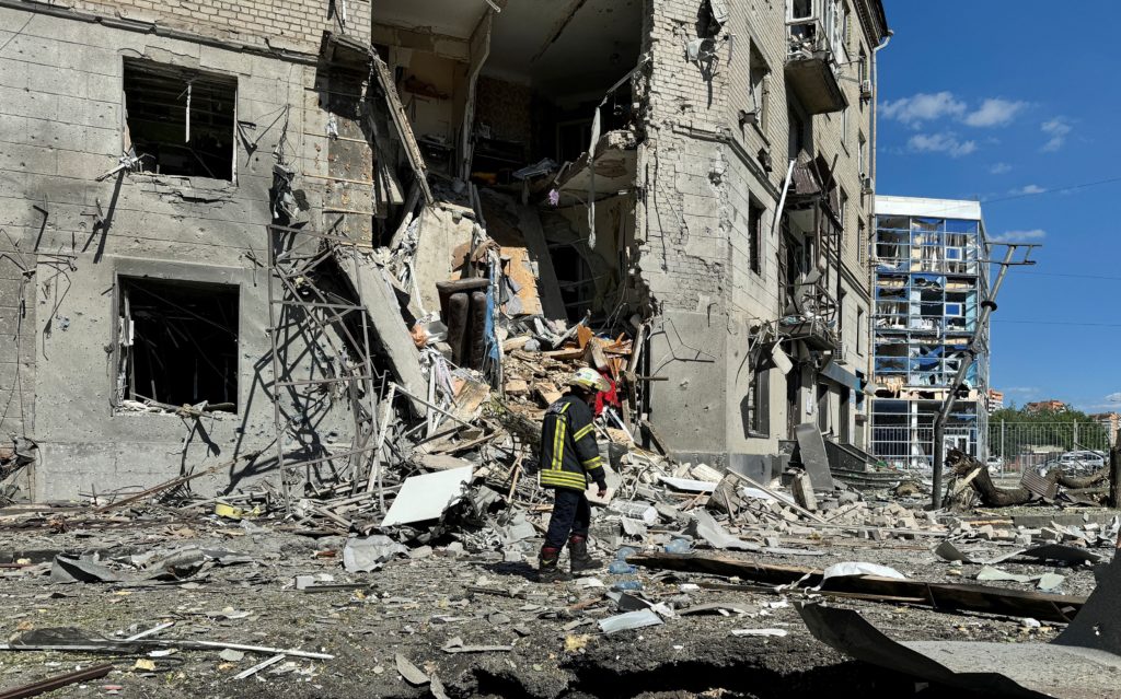 Aftermath of Ukraine air attacks in urban area