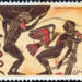 GREECE - CIRCA 1973: A stamp printed in Greece from the "Greek Mythology (2nd series)" issue shows Atlas and Prometheus punished by Zeus (kalyx crater), circa 1973.