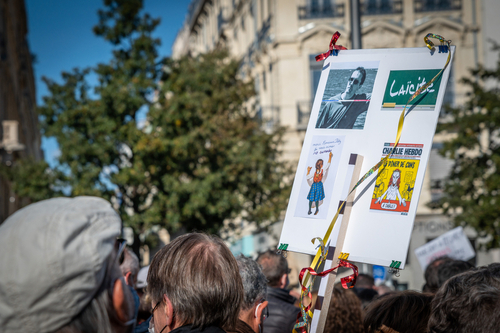 LYON, FRANCE - OCTOBER 18, 2020 : Anti terrorism protest after islamic terrorist attacks : Professor Samuel Paty was beheaded in front of his college in Conflans sainte Honorine