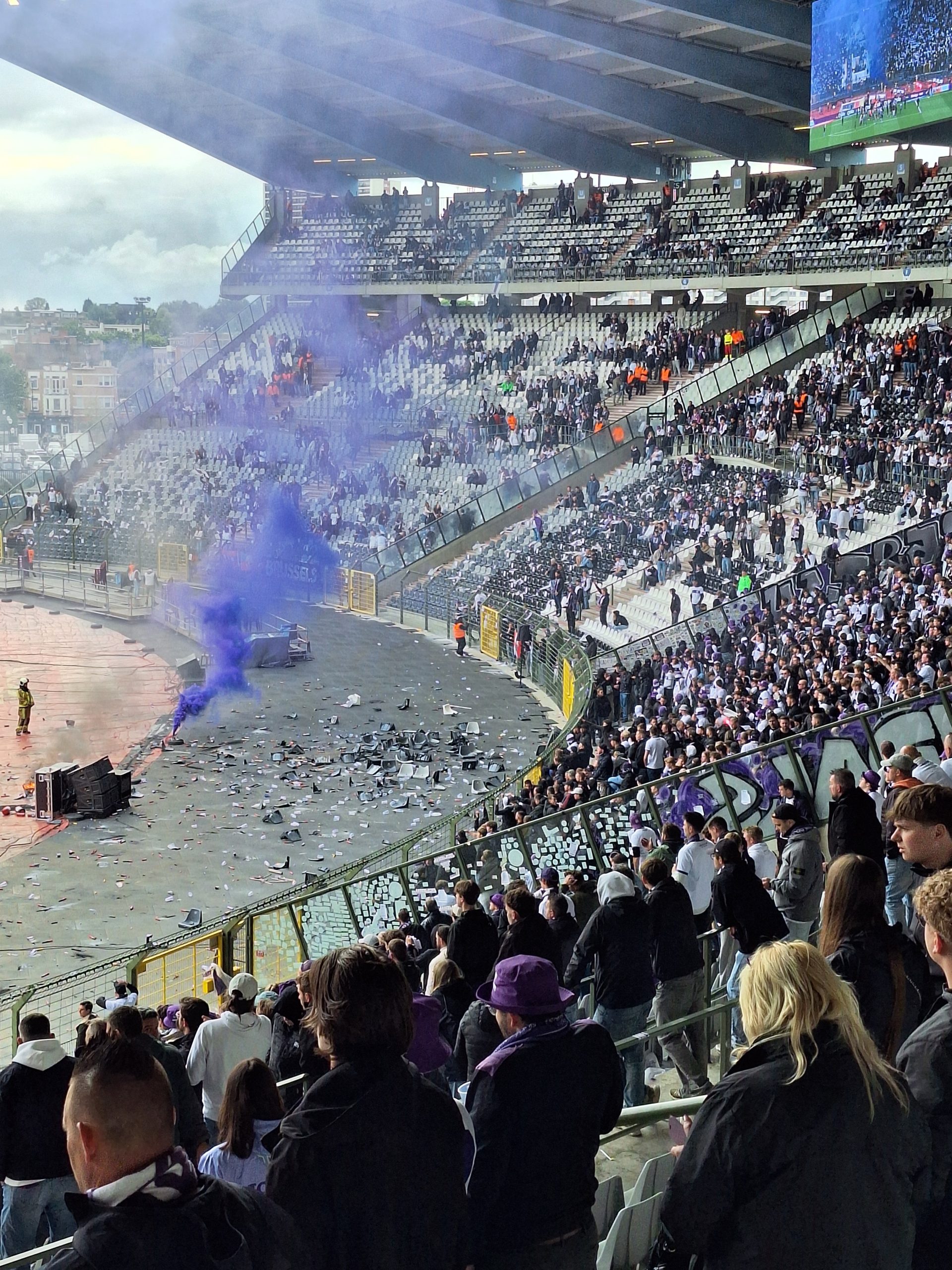 Cup final flares create heavy smoke inside King Baudouin Stadium in Brussels