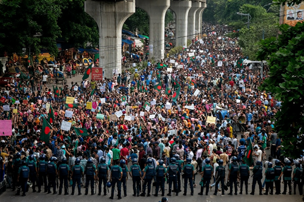 Large crowd of protesters in Bangladesh streets during violent demonstrations following the death of community leader Sharif Hadi