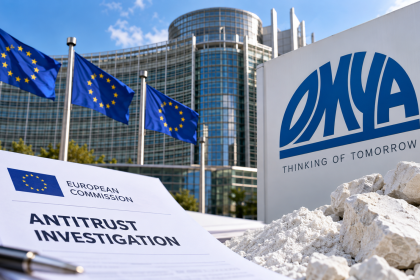 Omya antitrust probe illustrated with European Union flags, European Commission investigation documents and calcium carbonate minerals in Brussels.